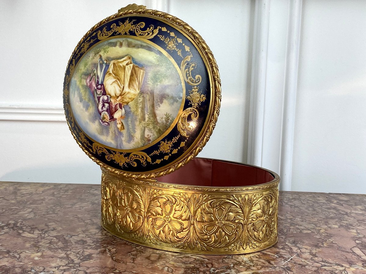 Sevres Porcelain And Brass / Bronze Box With Scene Decor Galante Signed