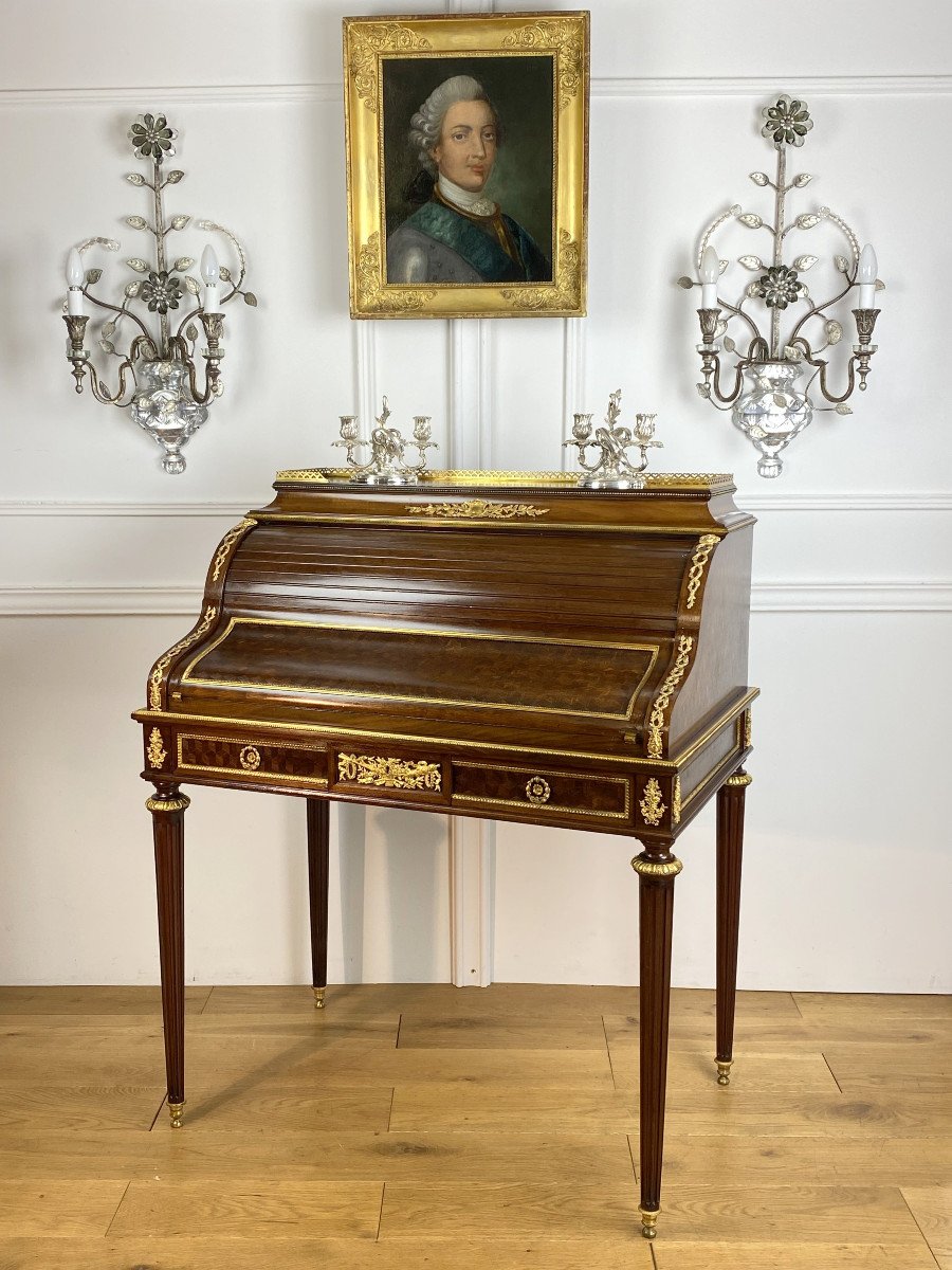 XIXth Cylinder Desk Signed "franÇois Linke" In Marquetry Decorated With Gold Bronze-photo-5