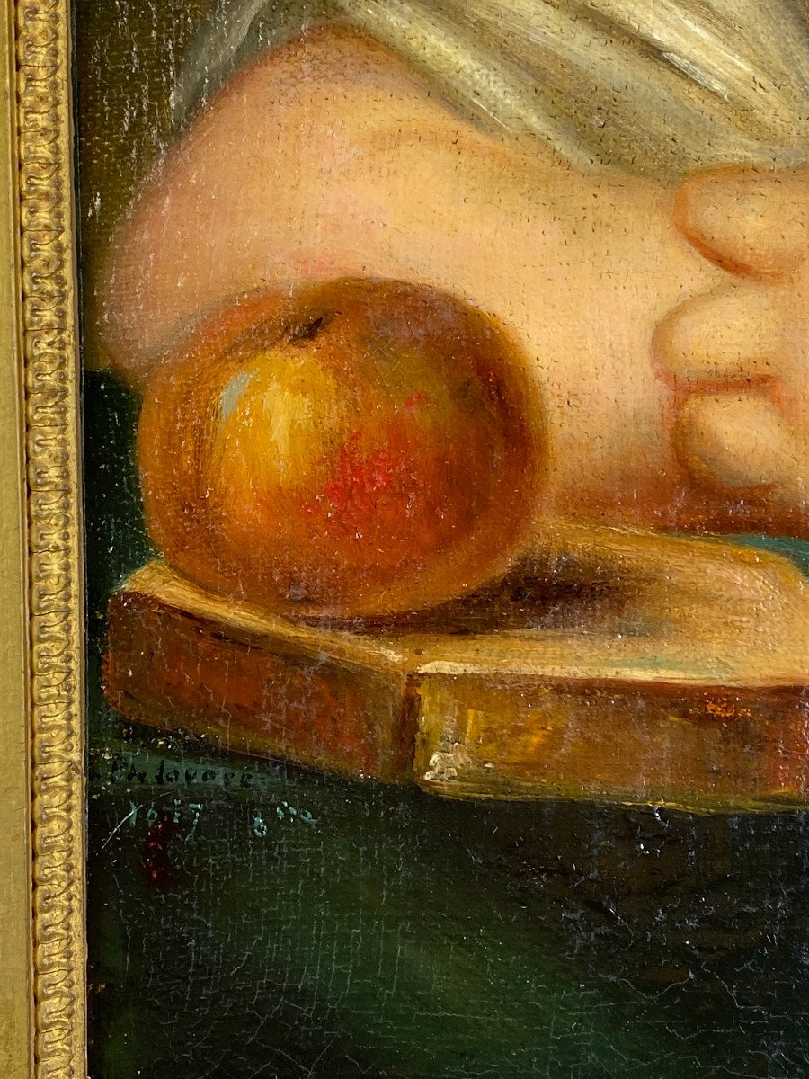 XIXth French School "the Child With The Apple" Oil Sut Canvas Dated And Signed-photo-6