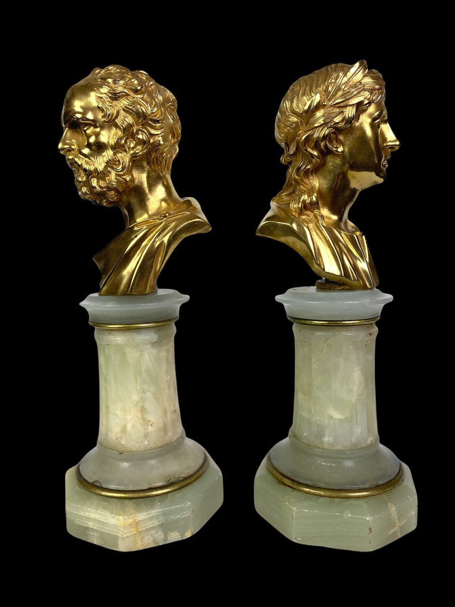 Pair Of Busts Of Philosophers In Gilt Bronze On Onyx Base From The Nineteenth-photo-1