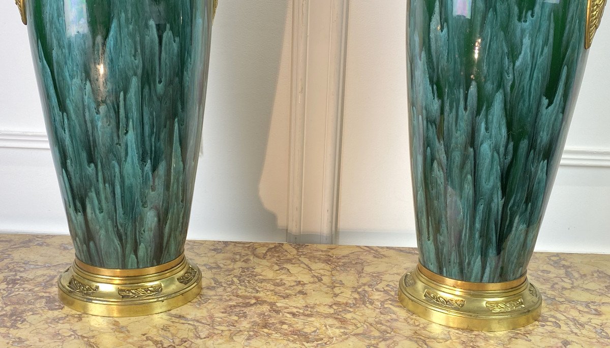 Pair Of Large Sevres Ceramic Vases Decorated With Gilt Bronze Swan Neck Decor-photo-1