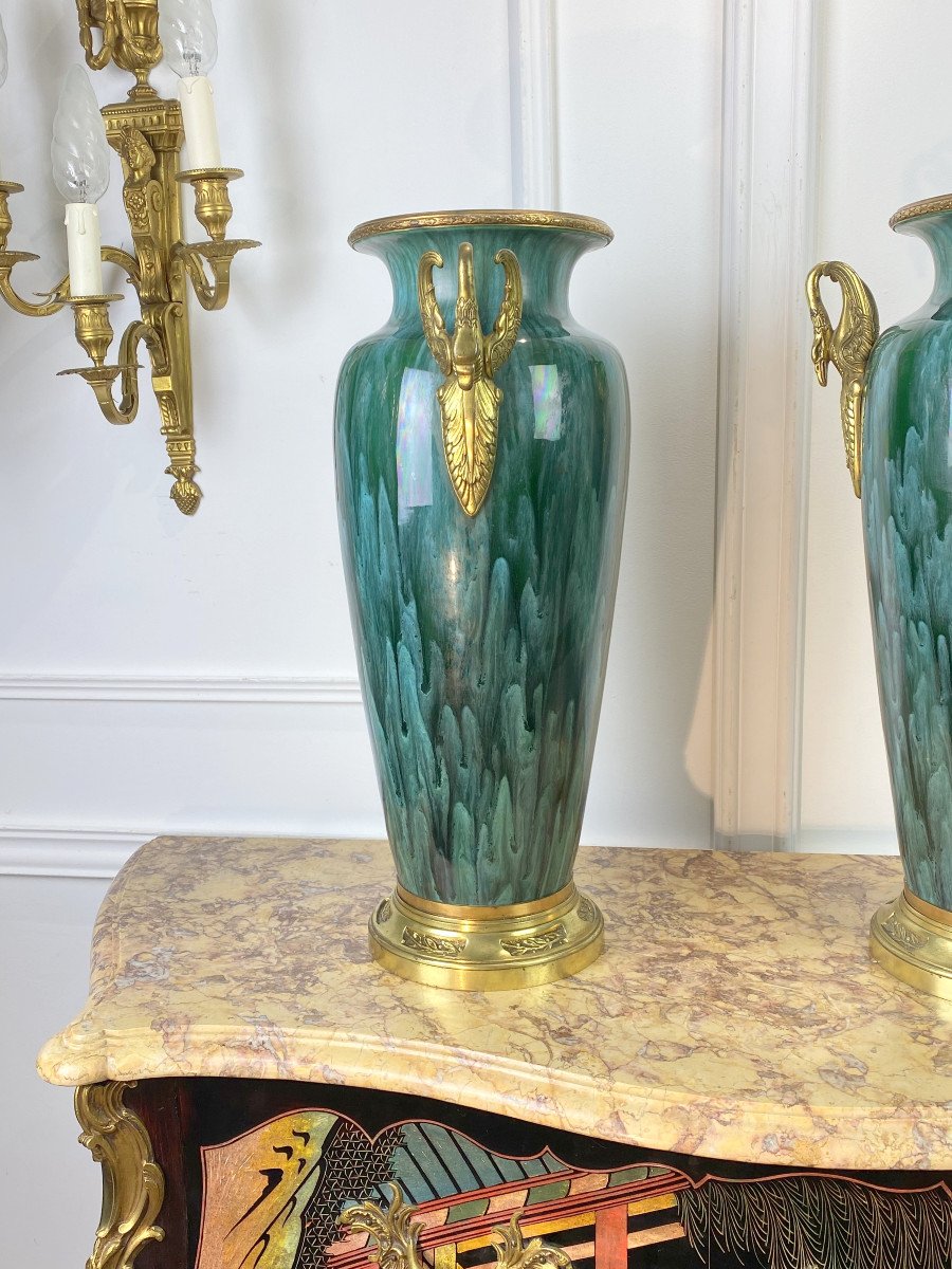 Pair Of Large Sevres Ceramic Vases Decorated With Gilt Bronze Swan Neck Decor-photo-3