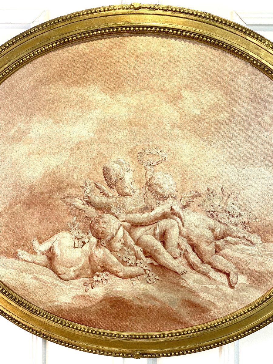 Tableau Ovale / Peinture MarouflÉ Sur Bois A Decor De Putti Avec Cadre en bois DorÉ-photo-2