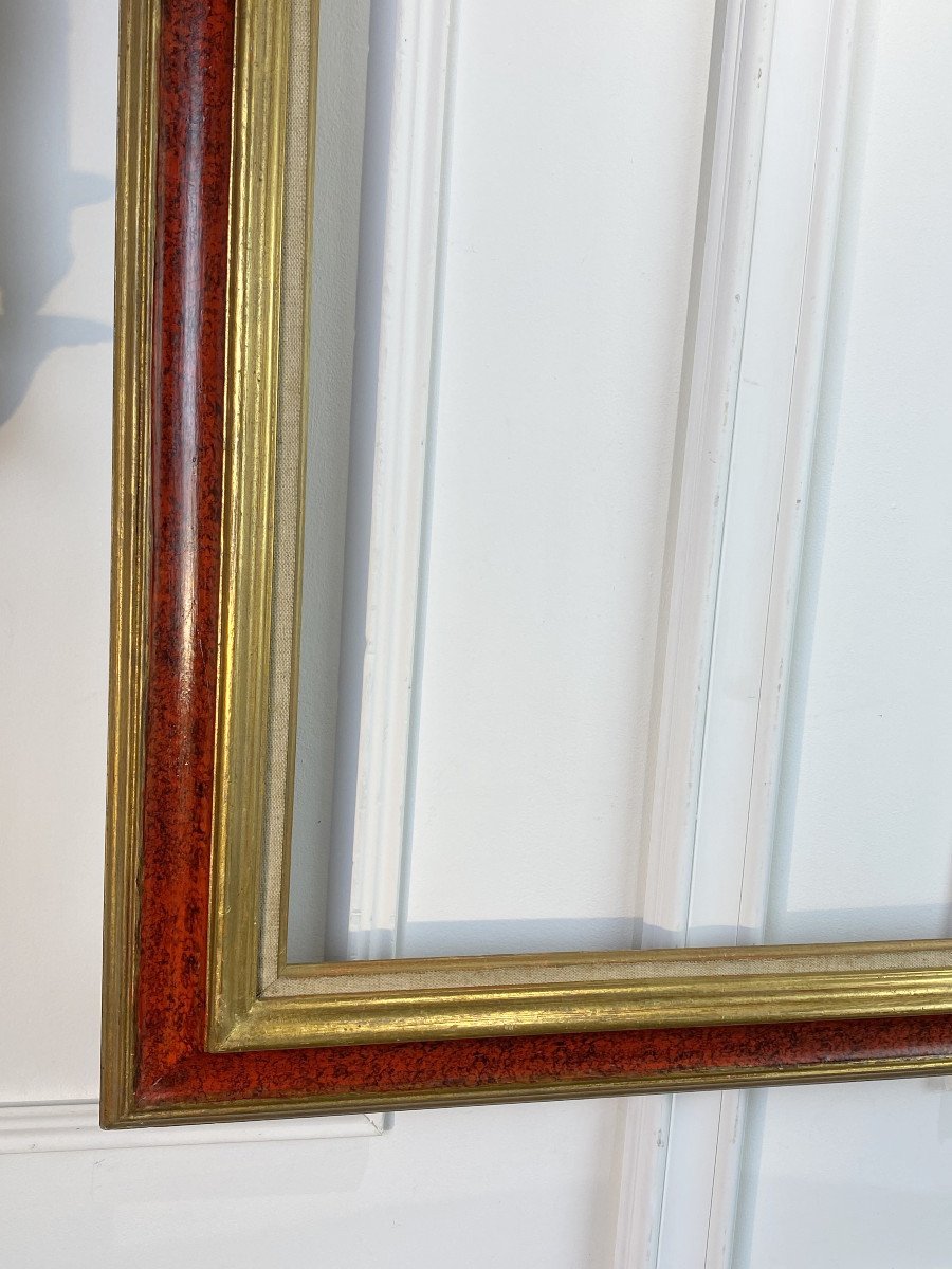 Old 20th Century Frame In Golden Wood / Red And Black For Painting 64 Cm X 56 Cm-photo-1