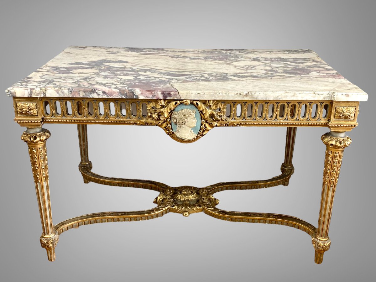 Table De Milieu Louis XVI Du XIXe En Bois DorÉ Et PatinÉ Avec Dessus Marbre-photo-2