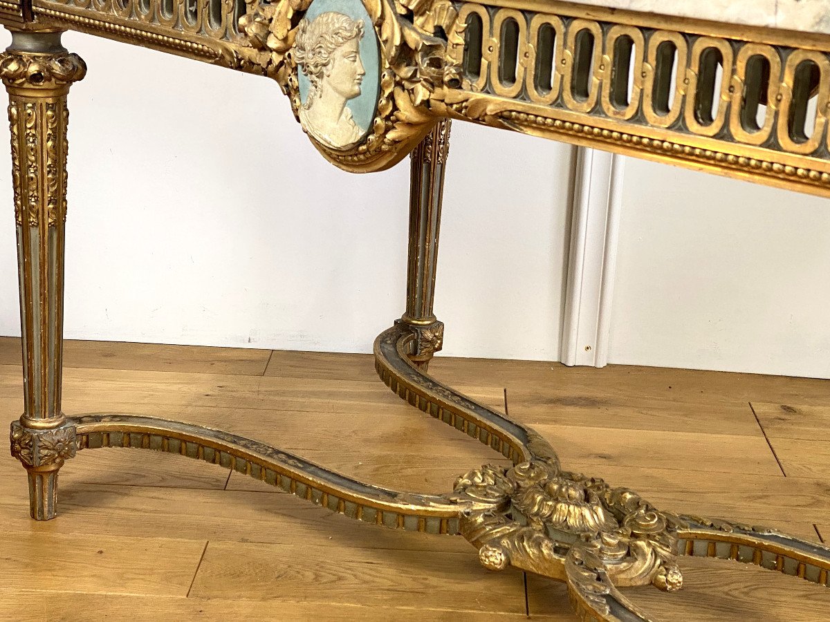 Table De Milieu Louis XVI Du XIXe En Bois DorÉ Et PatinÉ Avec Dessus Marbre-photo-1