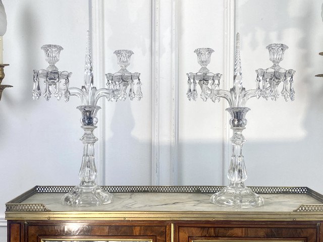 Pair Of Crystal And Glass Candlesticks In The Style Of Baccarat With Two Branches-photo-8