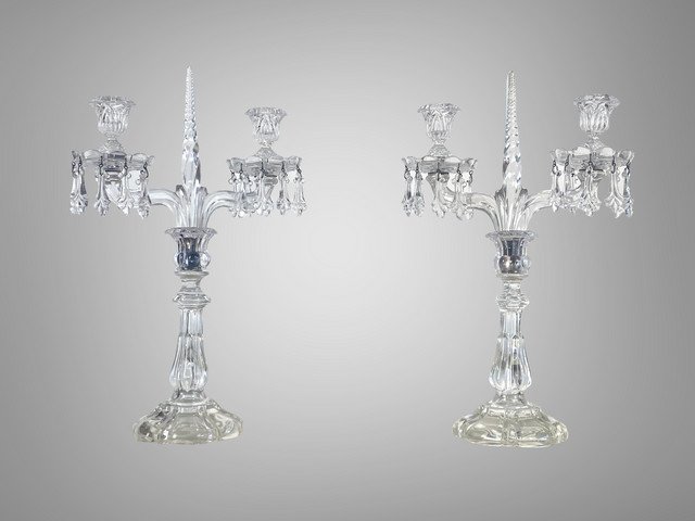 Pair Of Crystal And Glass Candlesticks In The Style Of Baccarat With Two Branches
