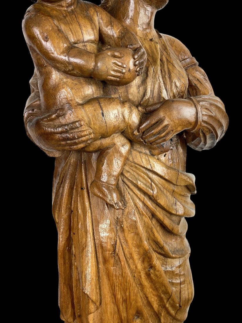 "virgin And Child" Statue In Carved Wood From The 17th C. On A 78 Cm High Base-photo-3