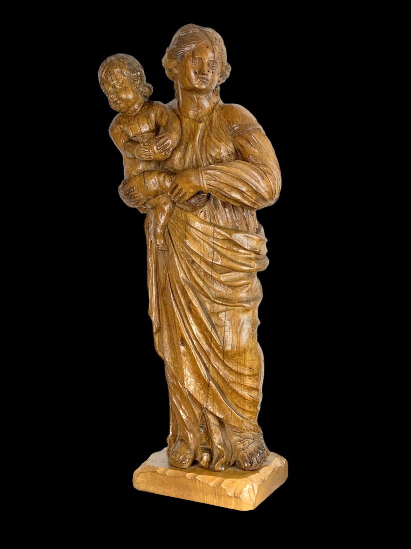 "virgin And Child" Statue In Carved Wood From The 17th C. On A 78 Cm High Base-photo-8