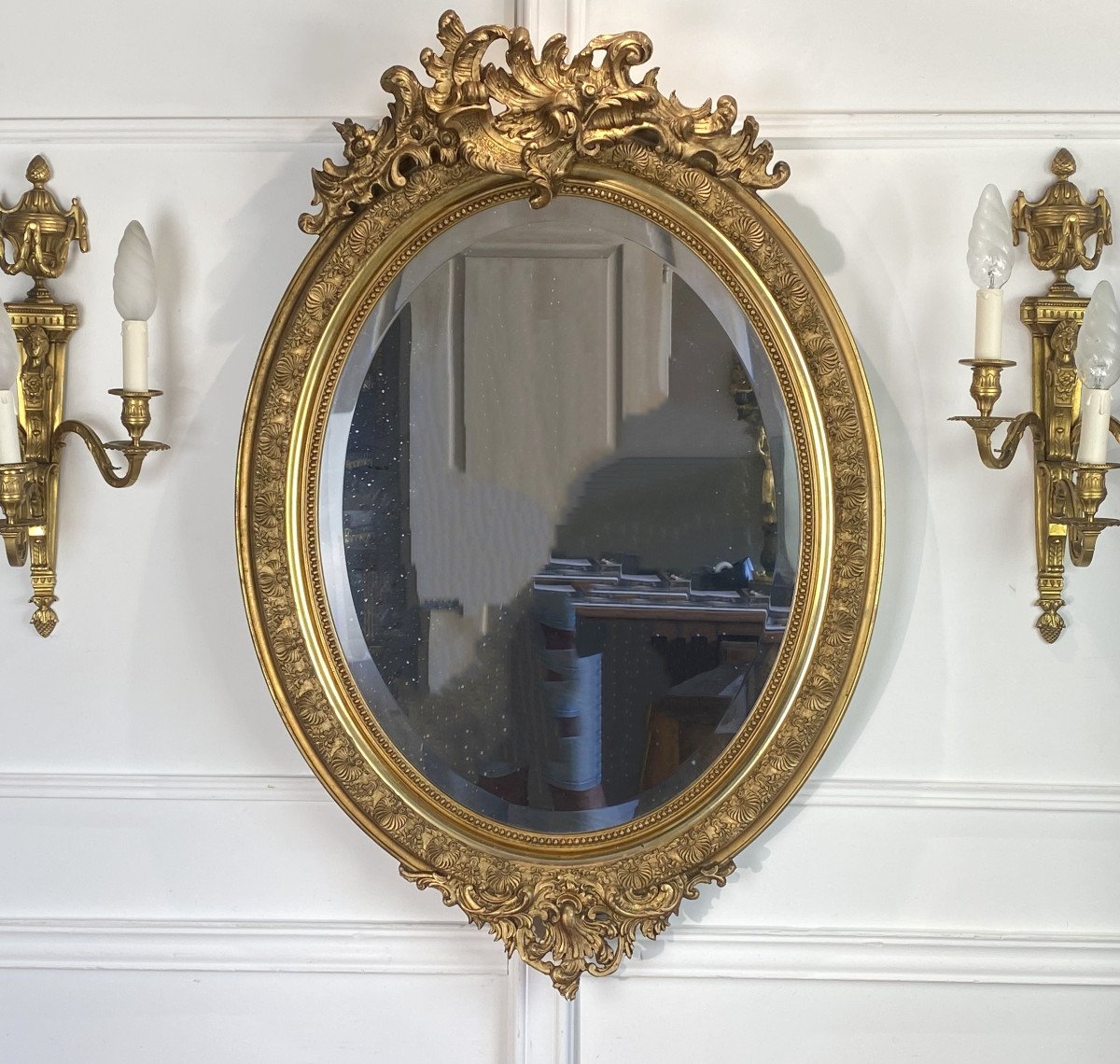 Mirror / Mirror Oval Napoleon III Period In Wood And Golden Stucco Louis XV Style-photo-4