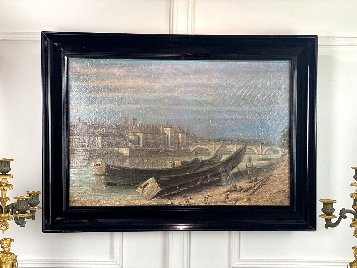 PEINTURE / HUILE DU XVIIIe ECOLE FRANÇAISE " PARIS BORD DE SEINE AU MOYEN AGE "