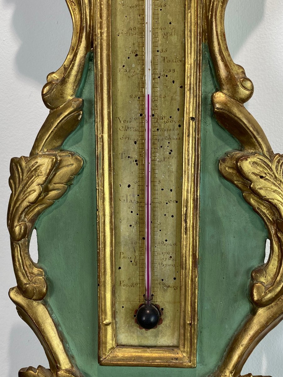 18th Century Mercury Barometer In Painted And Gilded Carved Wood Transition Period-photo-3