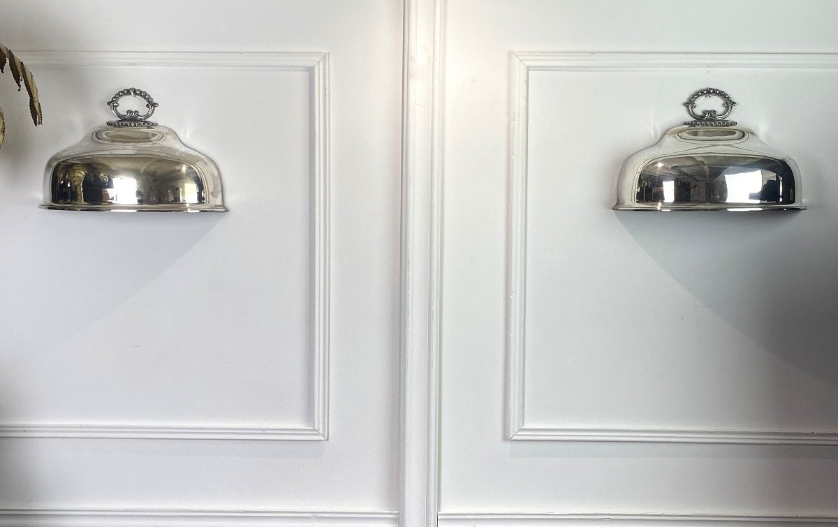 Pair Of Sconces In Silver Metal Representing Restaurant Bells-photo-2