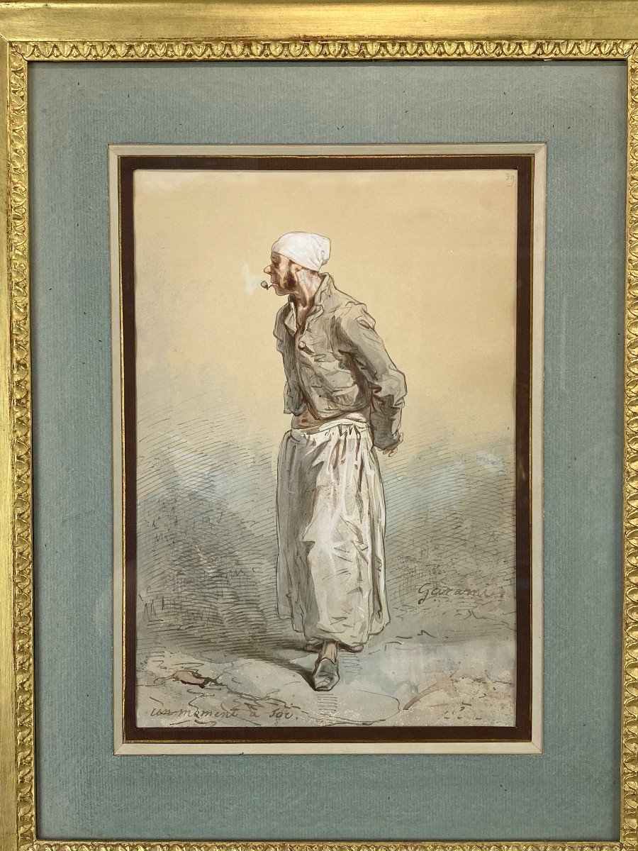 PAUL GAVARNI 1804/1866 DESSIN AQUARELLE SOUS VERRE " UN MOMENT A TOI " ENCADRÉ-photo-3