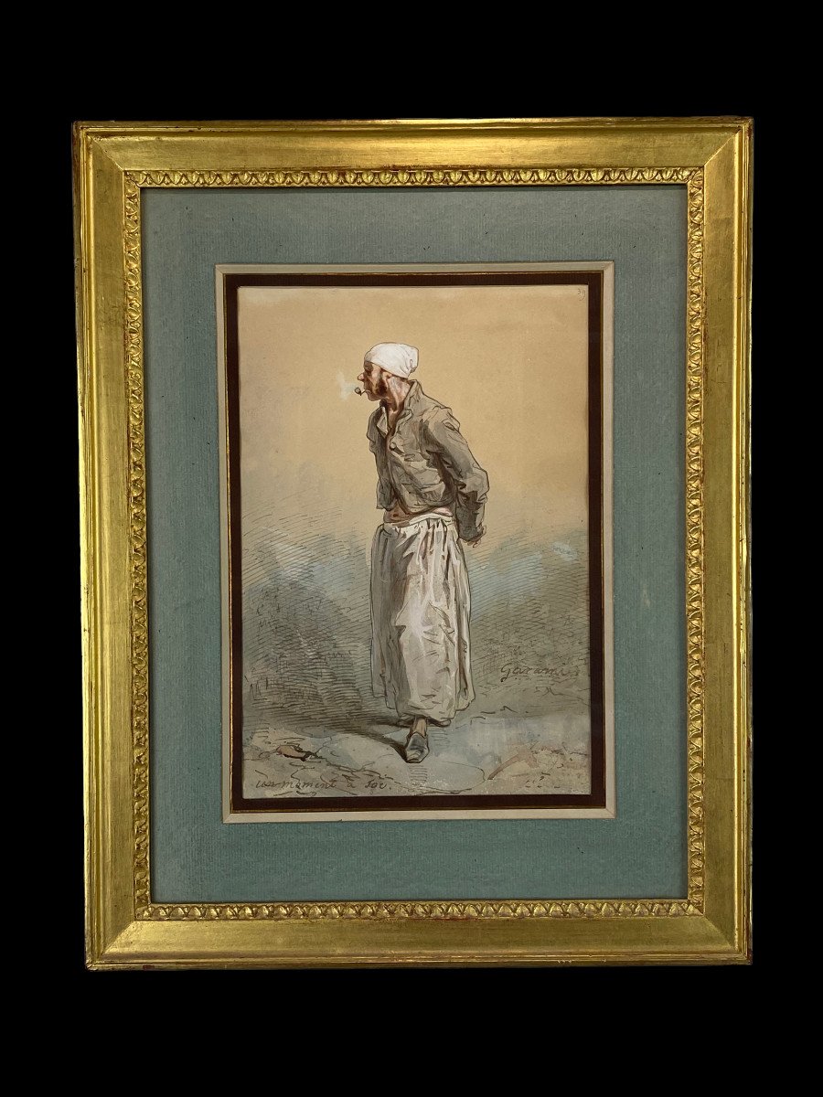 PAUL GAVARNI 1804/1866 DESSIN AQUARELLE SOUS VERRE " UN MOMENT A TOI " ENCADRÉ-photo-4