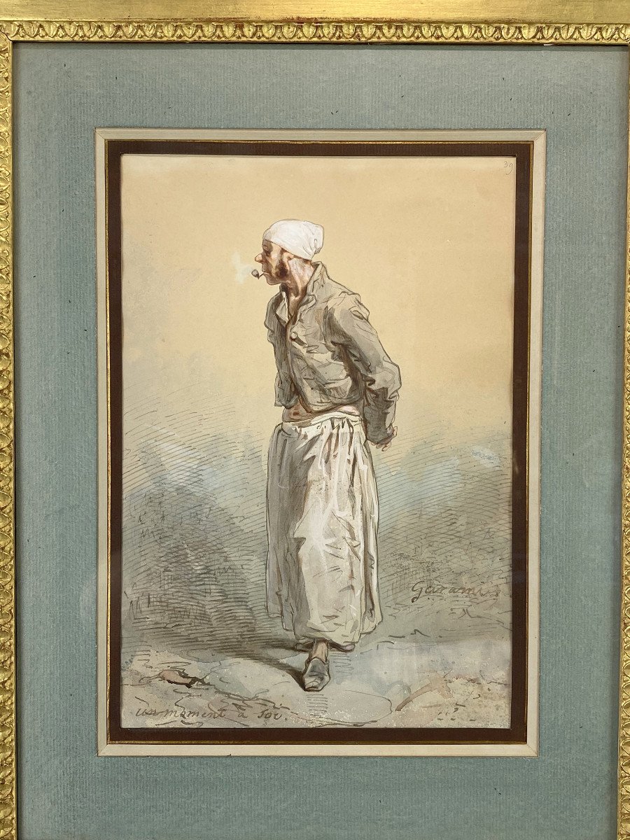 PAUL GAVARNI 1804/1866 DESSIN AQUARELLE SOUS VERRE " UN MOMENT A TOI " ENCADRÉ-photo-1