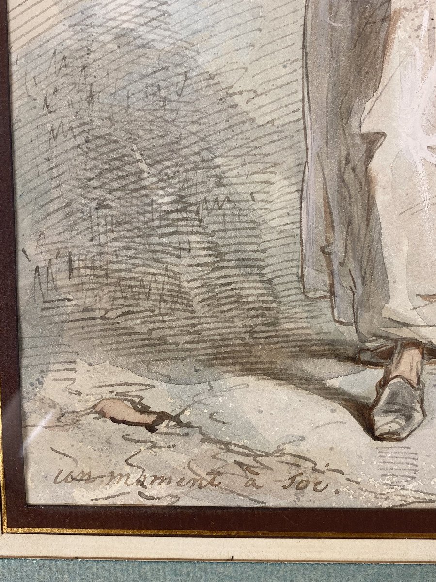 PAUL GAVARNI 1804/1866 DESSIN AQUARELLE SOUS VERRE " UN MOMENT A TOI " ENCADRÉ-photo-5