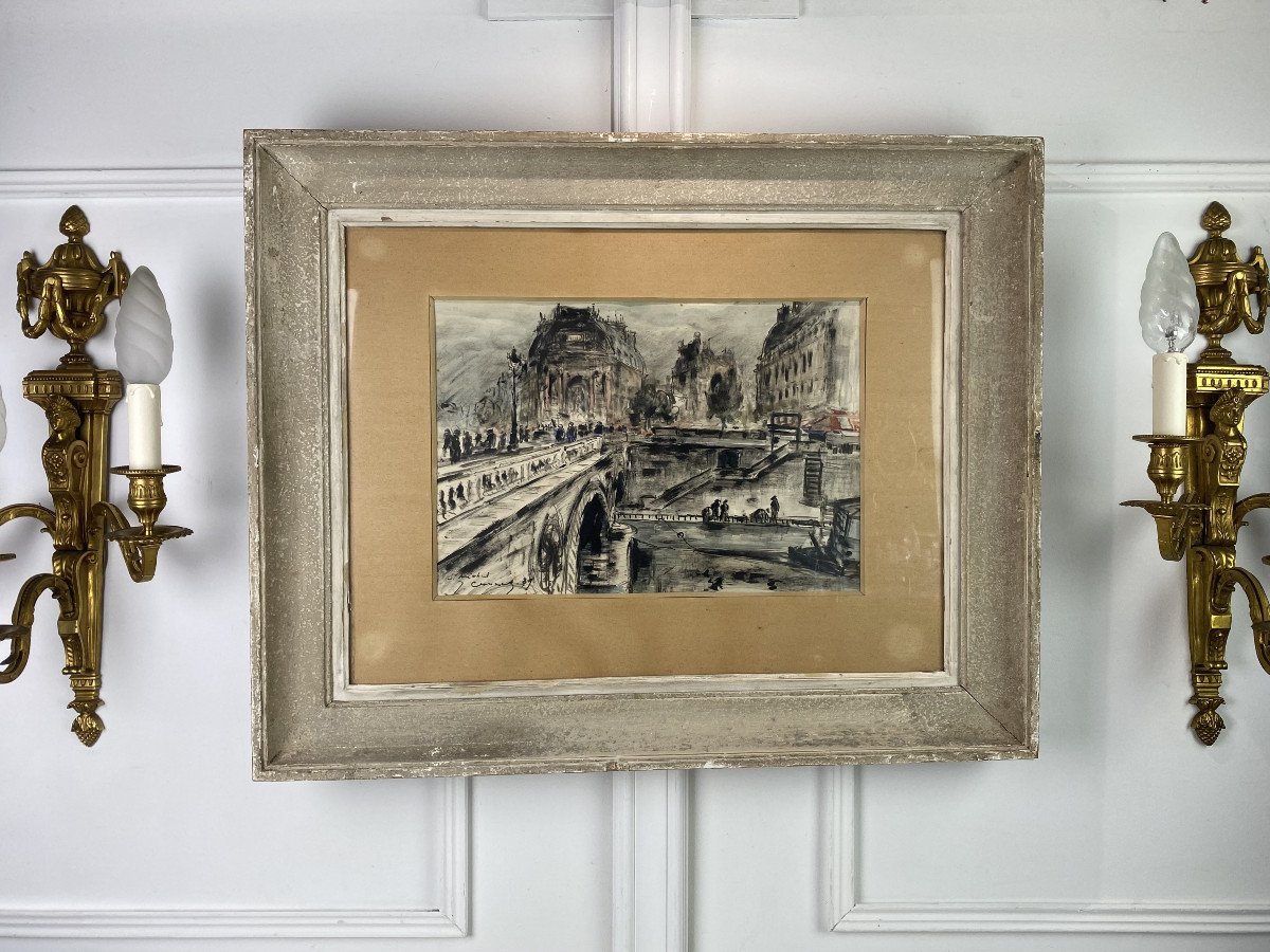 Drawing Under Glass Signed In Watercolor Pencil From 1936 (place St Michel In Paris)-photo-2