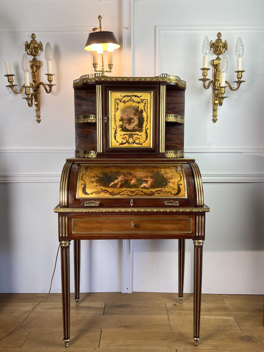 BUREAU DIT " BONHEUR DU JOUR " AVEC PEINTURE SUR FEUILLES D'OR ORNÉ DE BRONZE-photo-2