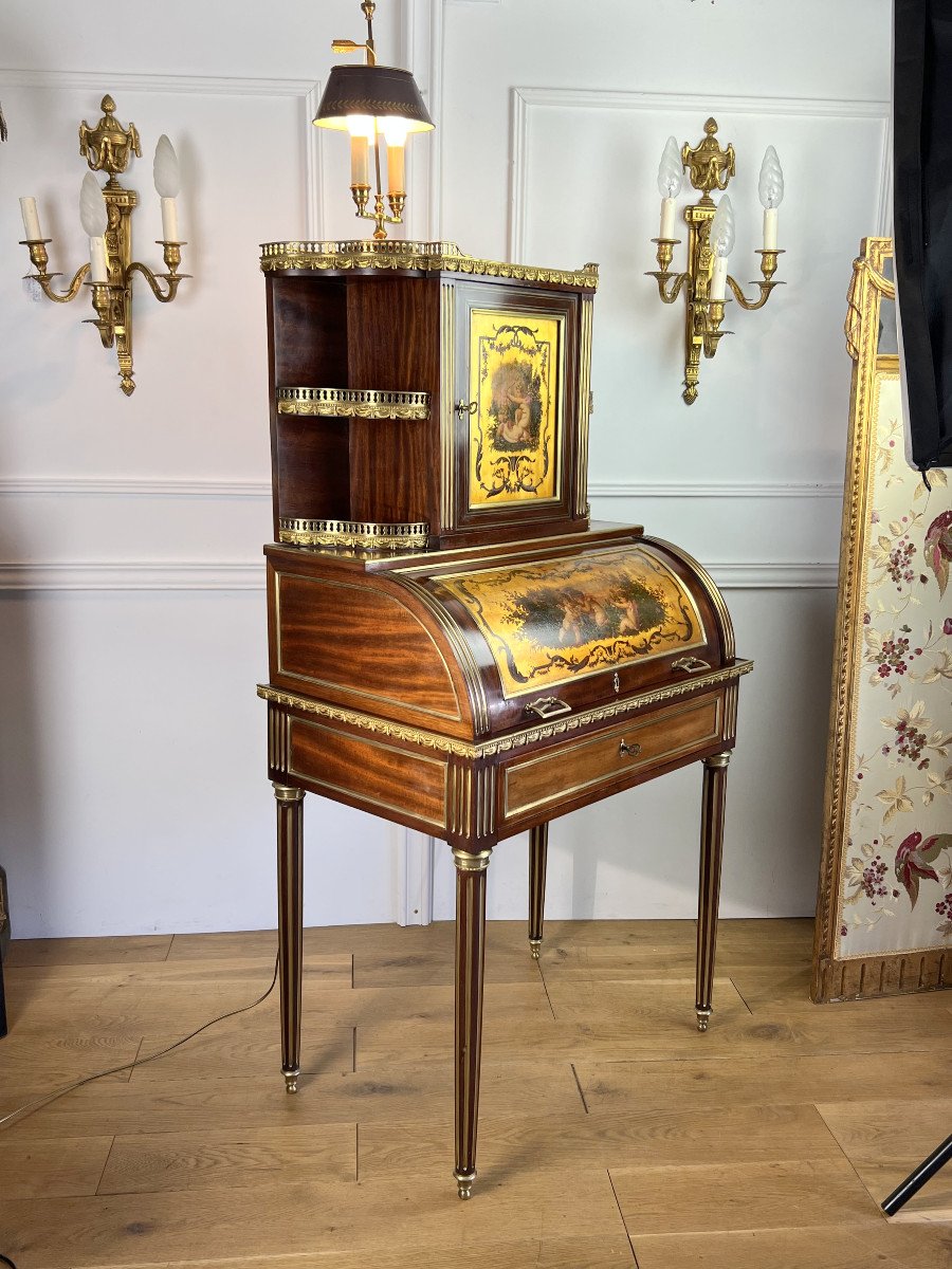 BUREAU DIT " BONHEUR DU JOUR " AVEC PEINTURE SUR FEUILLES D'OR ORNÉ DE BRONZE-photo-4