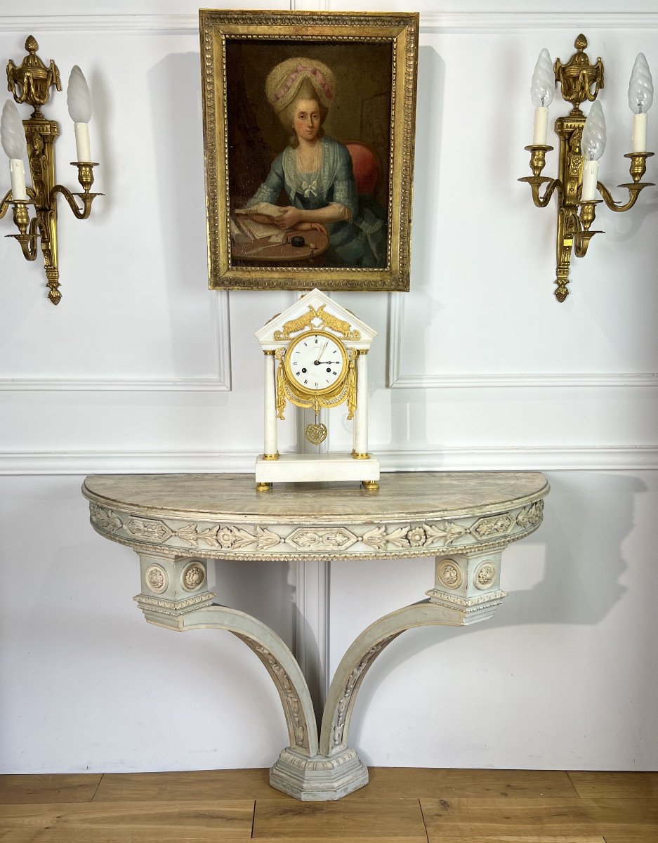 1/2 Moon Console In Carved / Painted Wood From The Nineteenth Louis XVI Style Wood Tray-photo-2