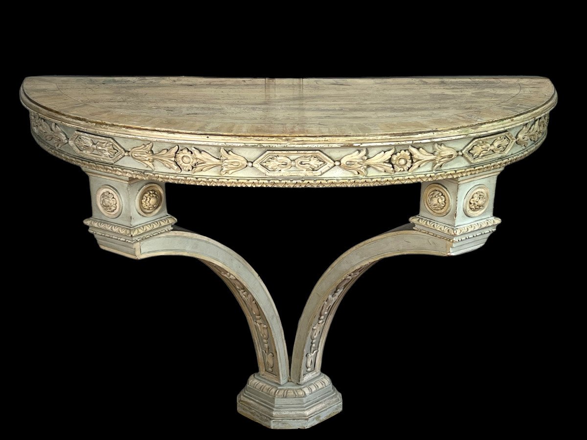 1/2 Moon Console In Carved / Painted Wood From The Nineteenth Louis XVI Style Wood Tray-photo-4