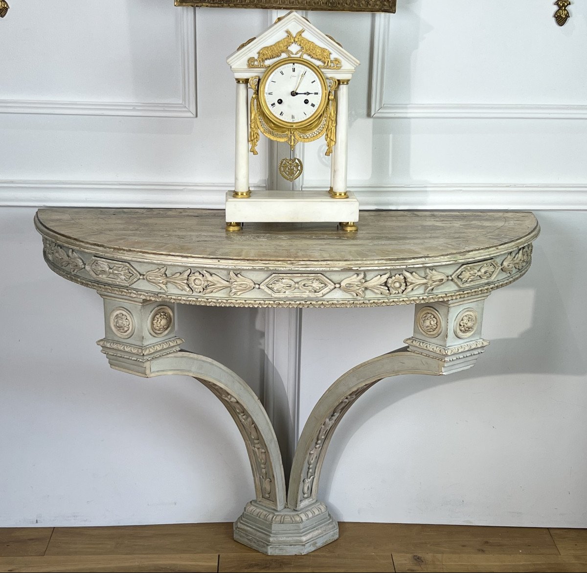 1/2 Moon Console In Carved / Painted Wood From The Nineteenth Louis XVI Style Wood Tray-photo-4