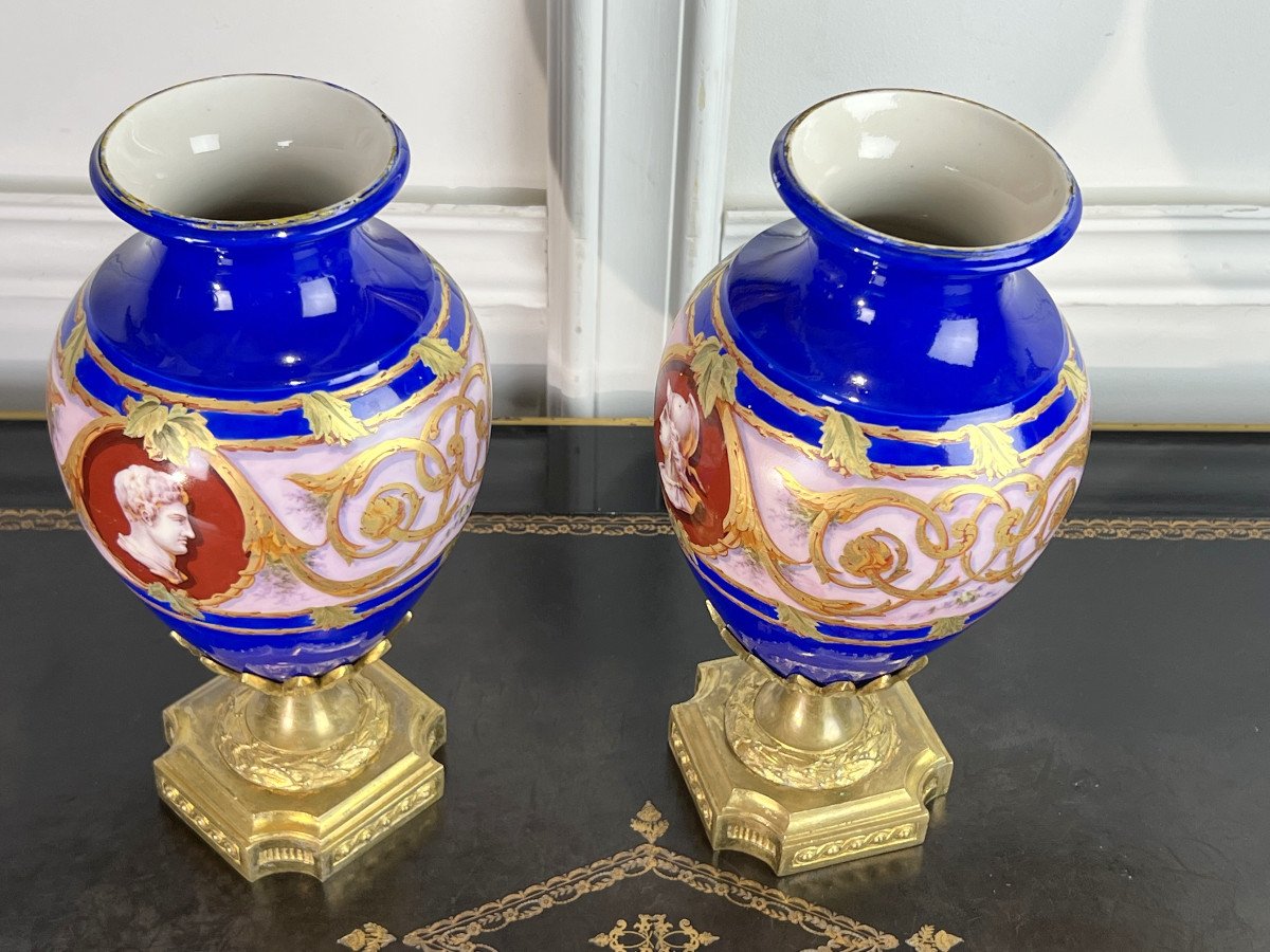 Pair Of Antique Louis XVI Style Porcelain Vases Decorated With Bronze-photo-2