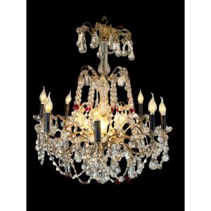 LUSTRE " GRAND MODELE " A PAMPILLES BLANCHE ET ROUGE EN BRONZE ARGENTÉ