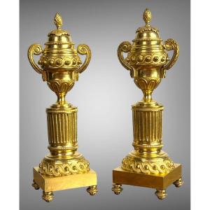 Paire De Cassolettes / Bougeoirs XVIIIe Epoque Louis XVI En Bronze Doré