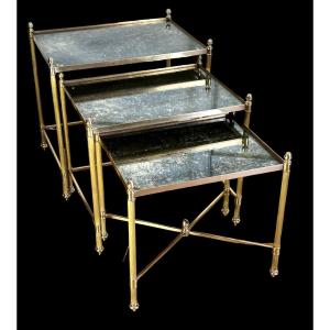 Nesting Table From “maison Bagués 1970” In Gilt Bronze And Glass Tops