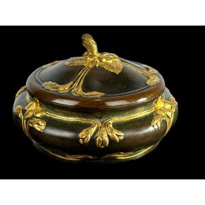 Art Nouveau Period Bronze Box Signed "a.sadoux" Decorated With Golden Flowers