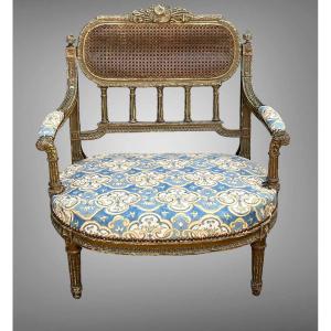 Fauteuil " Dit Marquise " De Style Louis XVI En Bois Patiné Et Sculpté Du XIXe