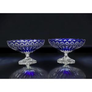 Pair Of Cups On Blue Pedestal In Bohemian Cut Crystal