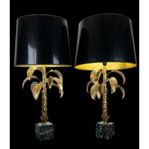 Pair Of "palm Tree" Lamps In Golden Metal And Marble Base, 97 Cm High