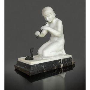 Sculpture " Guglielmo Pugi " En Marbre Blanc Art Déco ( Charmeuse De Serpents )