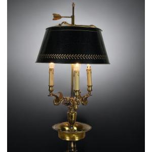 Old Hot Water Bottle Lamp In Gilt Bronze Decorated With Swans / Sheet Metal Lampshade