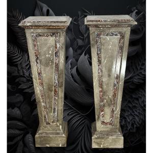 Pair Of Sheaths / Bolsters / In Marble-style Patinated Wood From The 1900s