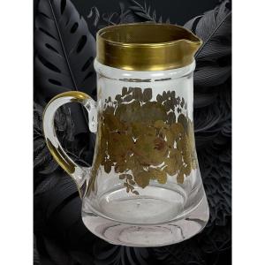 Crystal Pitcher With Handle Signed "daum" With Floral Decor With Superb Gilding