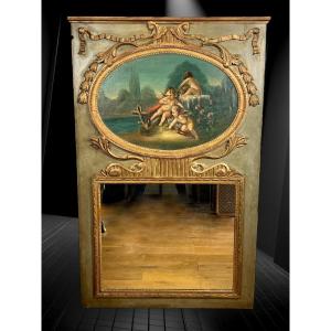 Old 18th Century Trumeau With Oval Painting Decorated With Cherubs Louis XVI Period