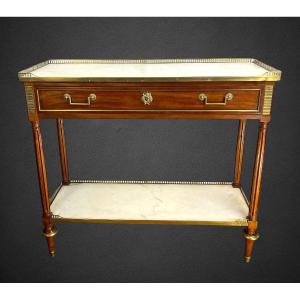 18th Century Louis Period Trolley In Mahogany Decorated With Bronze With 2 White Marble Tops