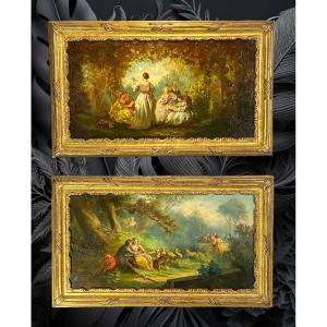 Pair Of 19th Century Paintings / Oils On Oak Panels In The Taste Of Monticelli