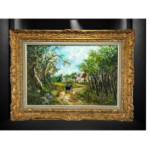 Painting /oil On Cardboard/"animated Countryside Scene" Signed Shc Gourjon 1912