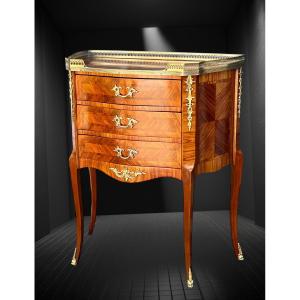 Commode With 3 Drawers In Marquetry Decorated With Gilt Bronze, Louis XV Style