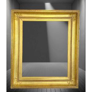 Old 19th Century Frame With Channels In Wood And Golden Stucco For Painting 59.5cm X 49 Cm