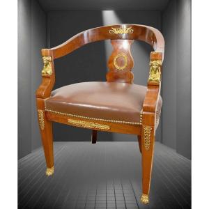 19th Century Empire Style Office Armchair In Solid Mahogany Decorated With Gilt Bronze