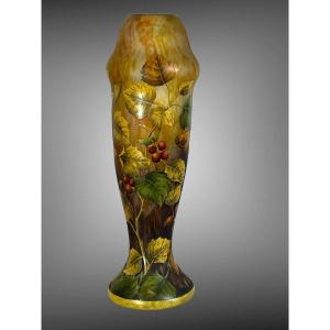 Daum Nancy / Vase Art Nouveau Tronconnique " Baies d'Eglantier "de 49 Cm De Haut