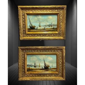 Paire De Tableaux /huiles Sur Panneau Signées " Vue Maritime Animée De Voiliers