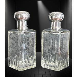 Pair Of Large Bottles In Cut And Engraved Crystal And Frame In Sterling Silver